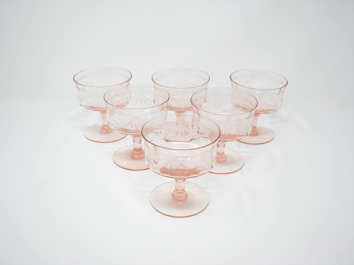 4 Pink Optic Panel Tiffin Panel Champagne Cocktail Glasses and 1