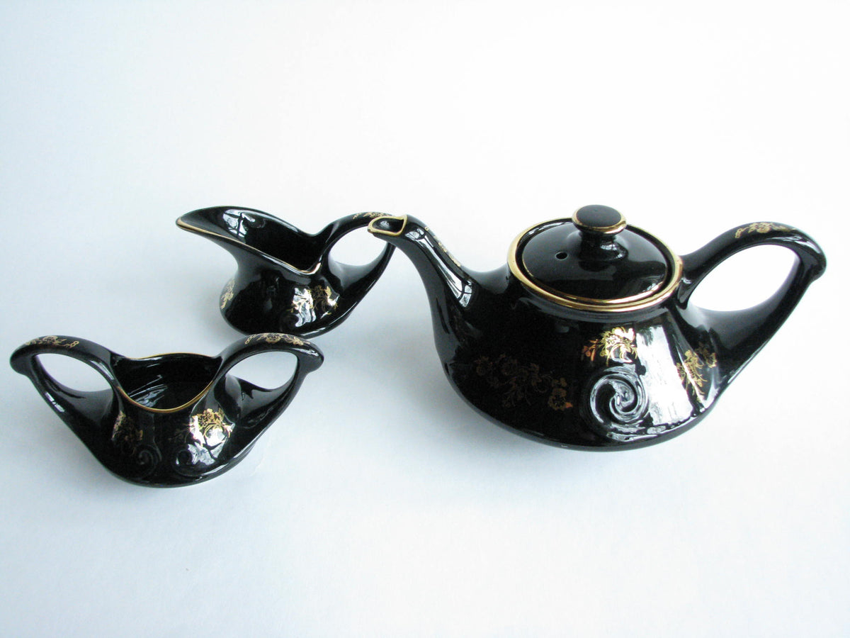 Black Gold Teapot + Sugar Creamer + 4 Skull Black Gold Luster Tea Cup and Saucer Sets