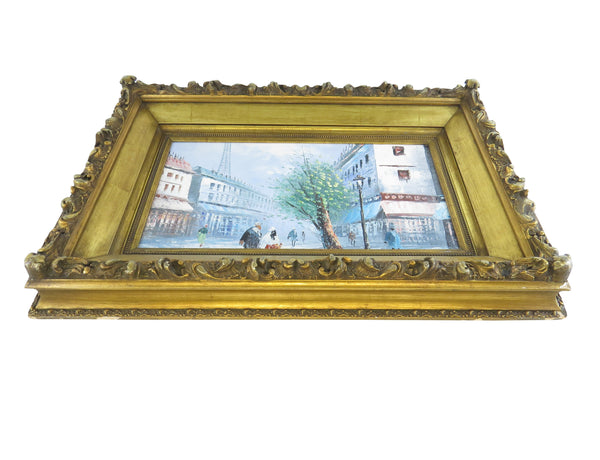 Antique French Oil on Canvas of a Parisian Street Scene in Ornate Gilt Baroque Frame