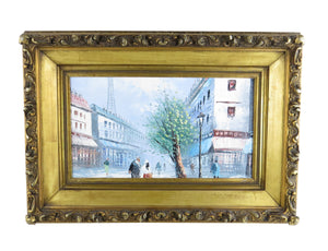 Antique French Oil on Canvas of a Parisian Street Scene in Ornate Gilt Baroque Frame