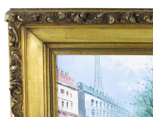 Antique French Oil on Canvas of a Parisian Street Scene in Ornate Gilt Baroque Frame