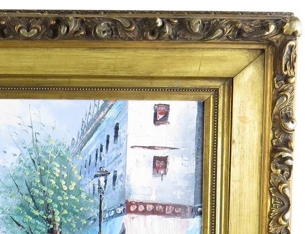 Antique French Oil on Canvas of a Parisian Street Scene in Ornate Gilt Baroque Frame