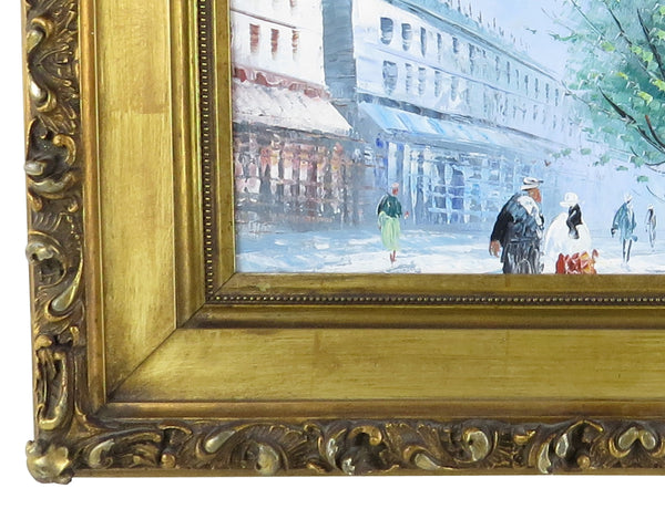 Antique French Oil on Canvas of a Parisian Street Scene in Ornate Gilt Baroque Frame