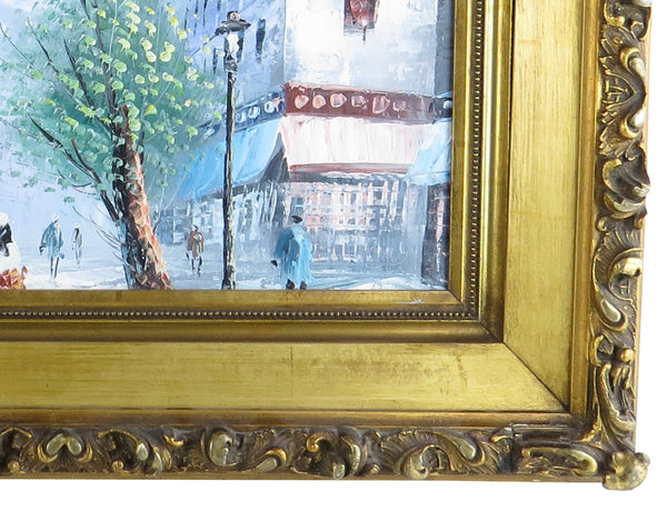 Antique French Oil on Canvas of a Parisian Street Scene in Ornate Gilt Baroque Frame