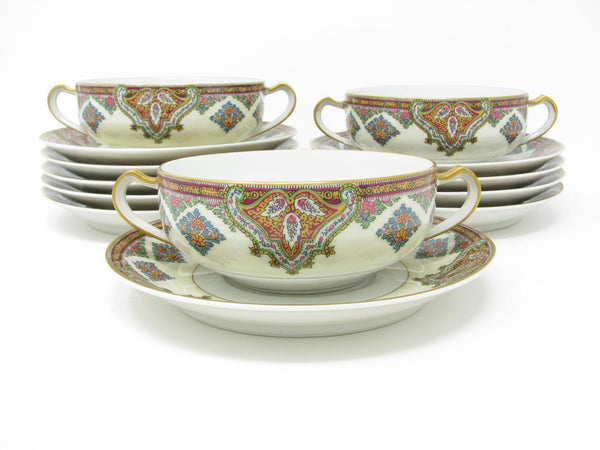 Antique Haviland Limoges France Cashmere Porcelain Soup Cups and Saucers with Gold Trim - 20 Pieces