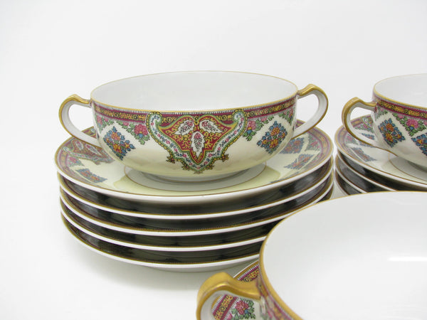 Antique Haviland Limoges France Cashmere Porcelain Soup Cups and Saucers with Gold Trim - 20 Pieces