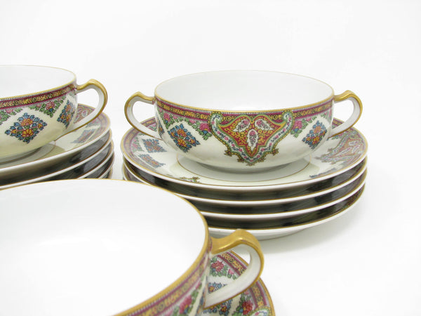 Antique Haviland Limoges France Cashmere Porcelain Soup Cups and Saucers with Gold Trim - 20 Pieces