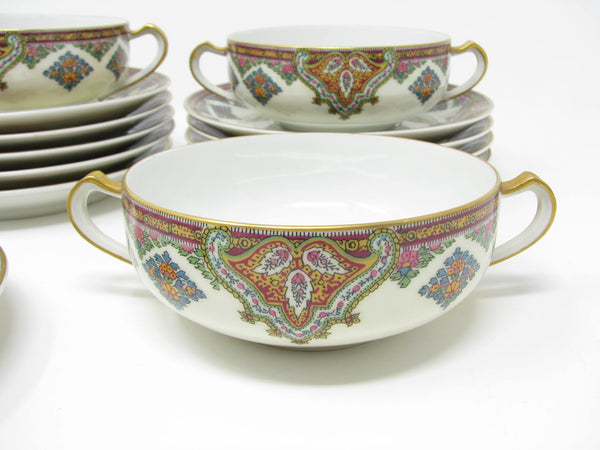 Antique Haviland Limoges France Cashmere Porcelain Soup Cups and Saucers with Gold Trim - 20 Pieces