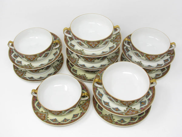 Antique Haviland Limoges France Cashmere Porcelain Soup Cups and Saucers with Gold Trim - 20 Pieces