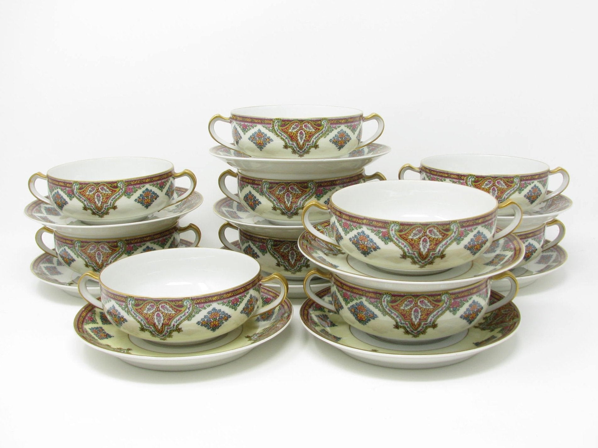 Antique Haviland Limoges France Cashmere Porcelain Soup Cups and Saucers with Gold Trim - 20 Pieces