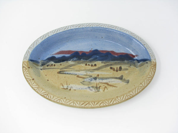 Carl Sheehan Fire Hole Pottery Sky Blue Oval Platter with Hand-Painted Landscape Mountain Scene