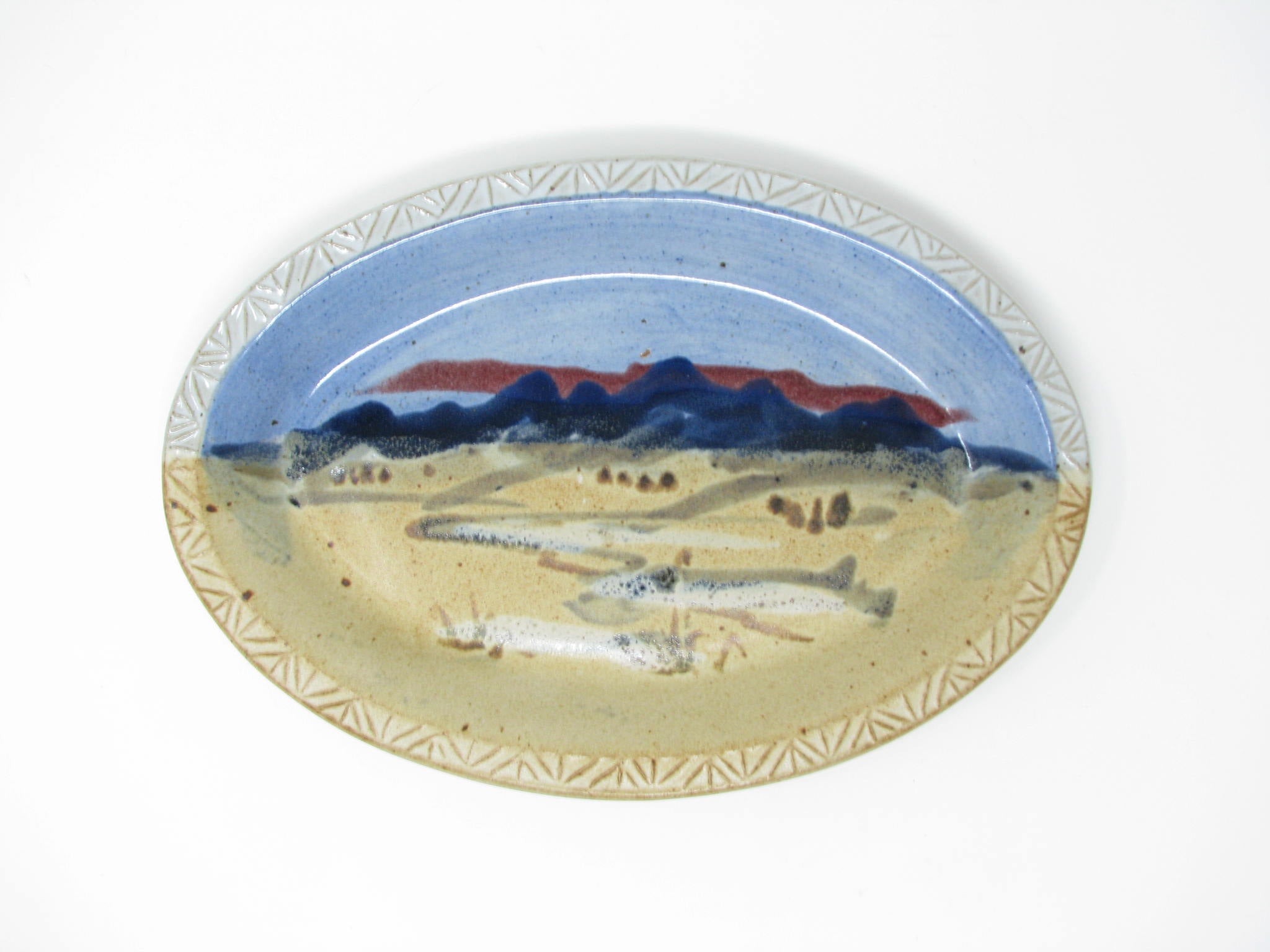 Carl Sheehan Fire Hole Pottery Sky Blue Oval Platter with Hand-Painted Landscape Mountain Scene