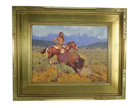 Framed Oil on Mason Board of a Buffalo Hunting Scene in the Style of Charles Marion Russell