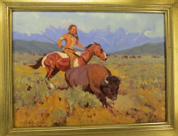 Framed Oil on Mason Board of a Buffalo Hunting Scene in the Style of Charles Marion Russell