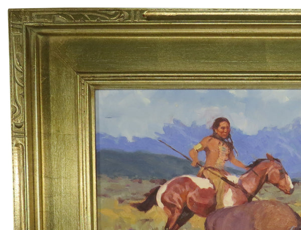 Framed Oil on Mason Board of a Buffalo Hunting Scene in the Style of Charles Marion Russell