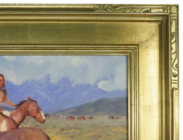 Framed Oil on Mason Board of a Buffalo Hunting Scene in the Style of Charles Marion Russell