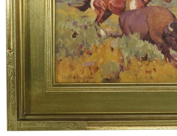 Framed Oil on Mason Board of a Buffalo Hunting Scene in the Style of Charles Marion Russell