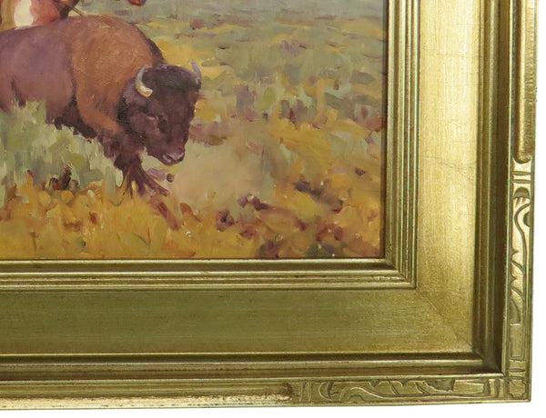 Framed Oil on Mason Board of a Buffalo Hunting Scene in the Style of Charles Marion Russell