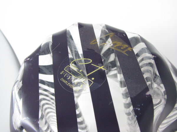 Vintage 1990s CT Designs Charlevoix Michigan Clear Acrylic Handkerchief Vase with Dark Purple Stripes