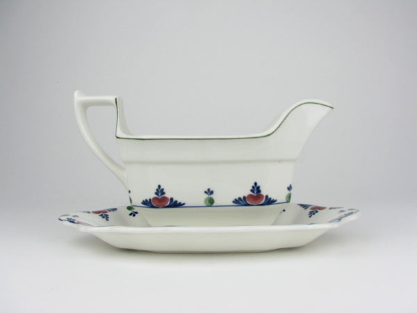 Vintage Adams Verushka Gravy Boat with Attached Underplate and Blue and Pink Pattern