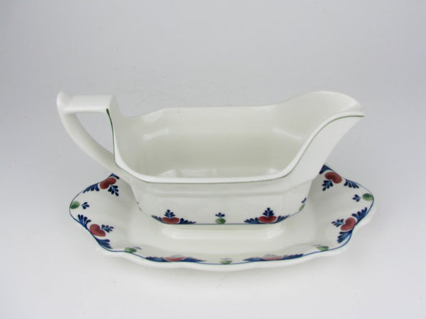 Vintage Adams Verushka Gravy Boat with Attached Underplate and Blue and Pink Pattern