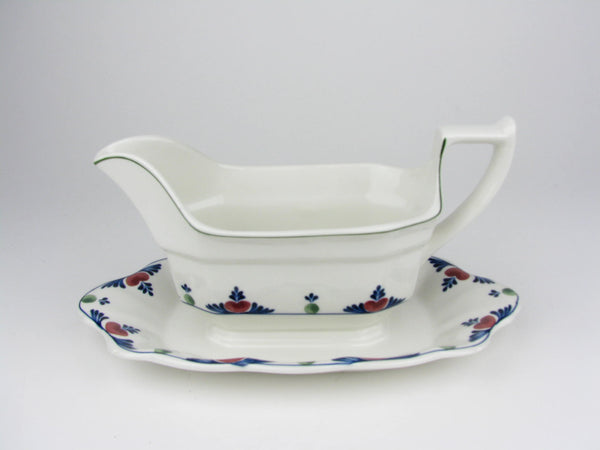 Vintage Adams Verushka Gravy Boat with Attached Underplate and Blue and Pink Pattern