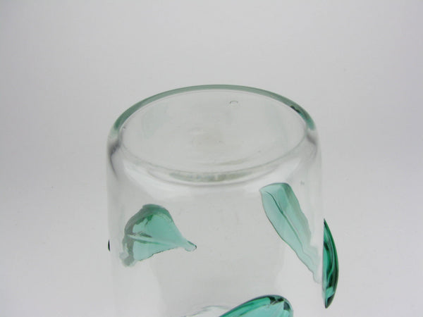 Vintage Blenko Clear Glass Vase with Applied Green Leaves 366