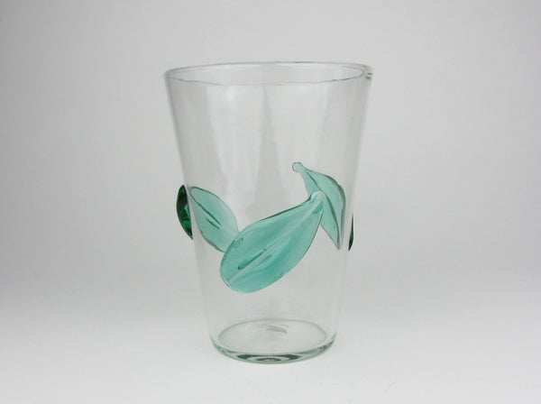 Vintage Blenko Clear Glass Vase with Applied Green Leaves 366