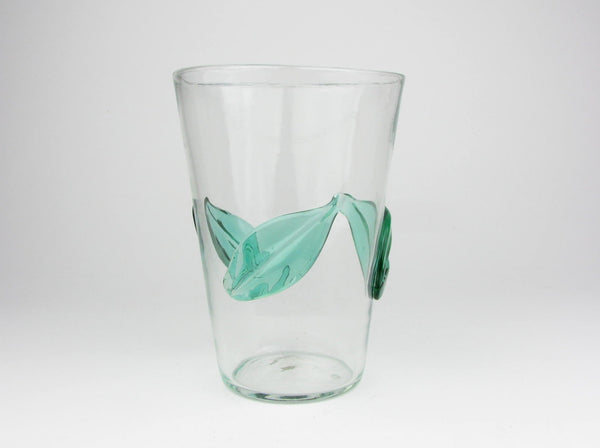 Vintage Blenko Clear Glass Vase with Applied Green Leaves 366