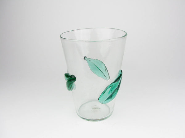 Vintage Blenko Clear Glass Vase with Applied Green Leaves 366