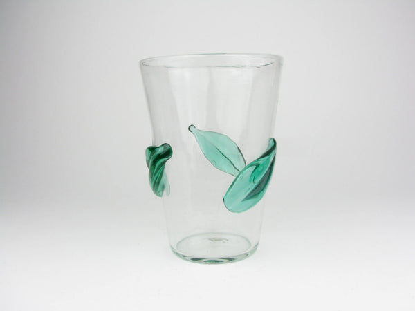 Vintage Blenko Clear Glass Vase with Applied Green Leaves 366