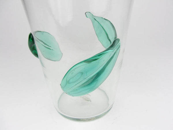 Vintage Blenko Clear Glass Vase with Applied Green Leaves 366