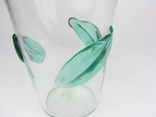 Vintage Blenko Clear Glass Vase with Applied Green Leaves 366