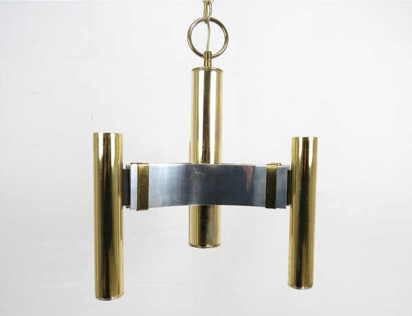 Vintage Brass and Chrome Pendant Light With 3 Glass Shades Attributed to Gaetano Sciolari