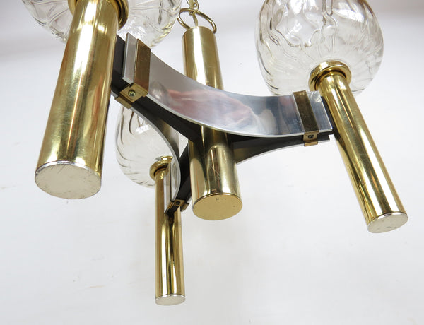 Vintage Brass and Chrome Pendant Light With 3 Glass Shades Attributed to Gaetano Sciolari