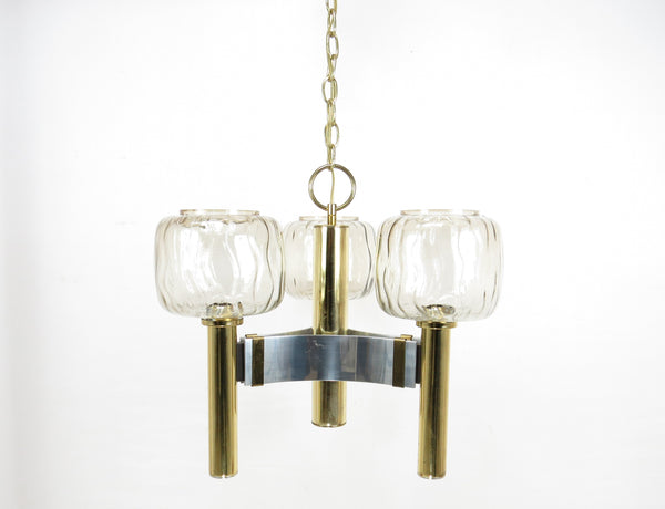 Vintage Brass and Chrome Pendant Light With 3 Glass Shades Attributed to Gaetano Sciolari