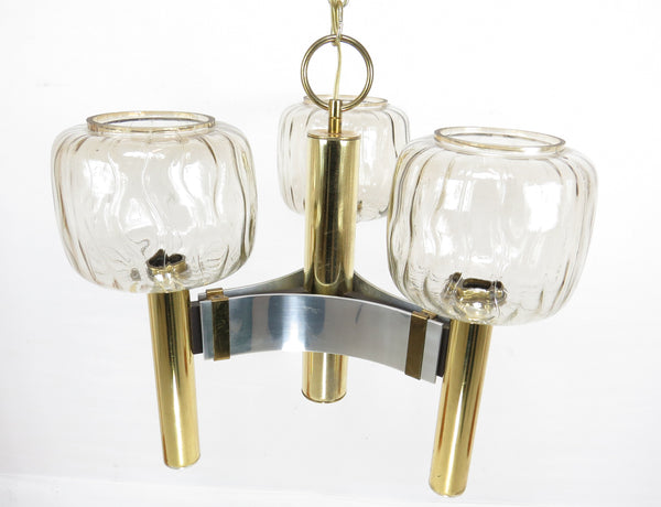 Vintage Brass and Chrome Pendant Light With 3 Glass Shades Attributed to Gaetano Sciolari