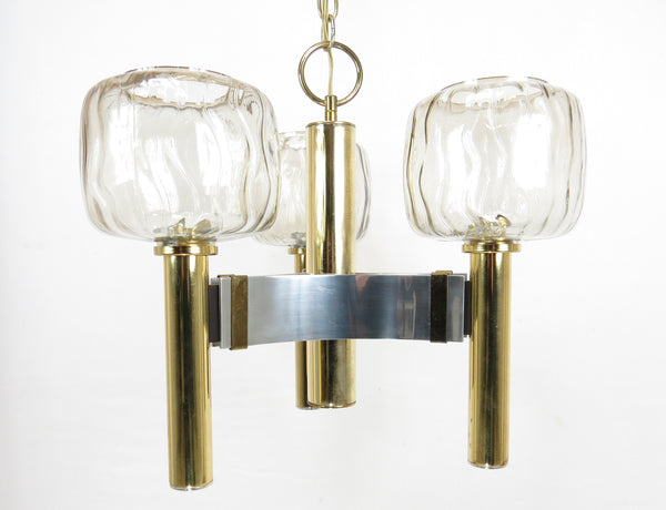 Vintage Brass and Chrome Pendant Light With 3 Glass Shades Attributed to Gaetano Sciolari