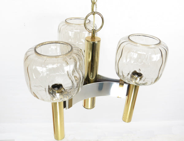 Vintage Brass and Chrome Pendant Light With 3 Glass Shades Attributed to Gaetano Sciolari