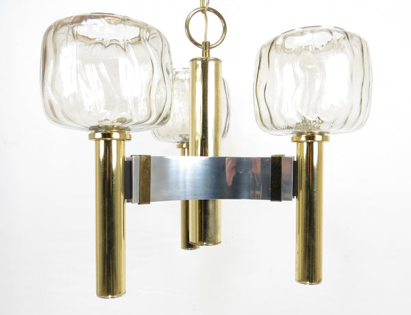 Vintage Brass and Chrome Pendant Light With 3 Glass Shades Attributed to Gaetano Sciolari