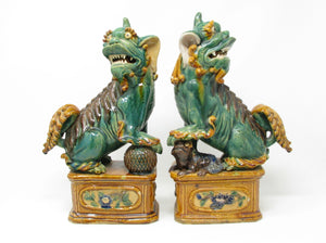 Vintage Chinese Famille Verte Pottery Foo Dogs Guardian Lions - a Pair