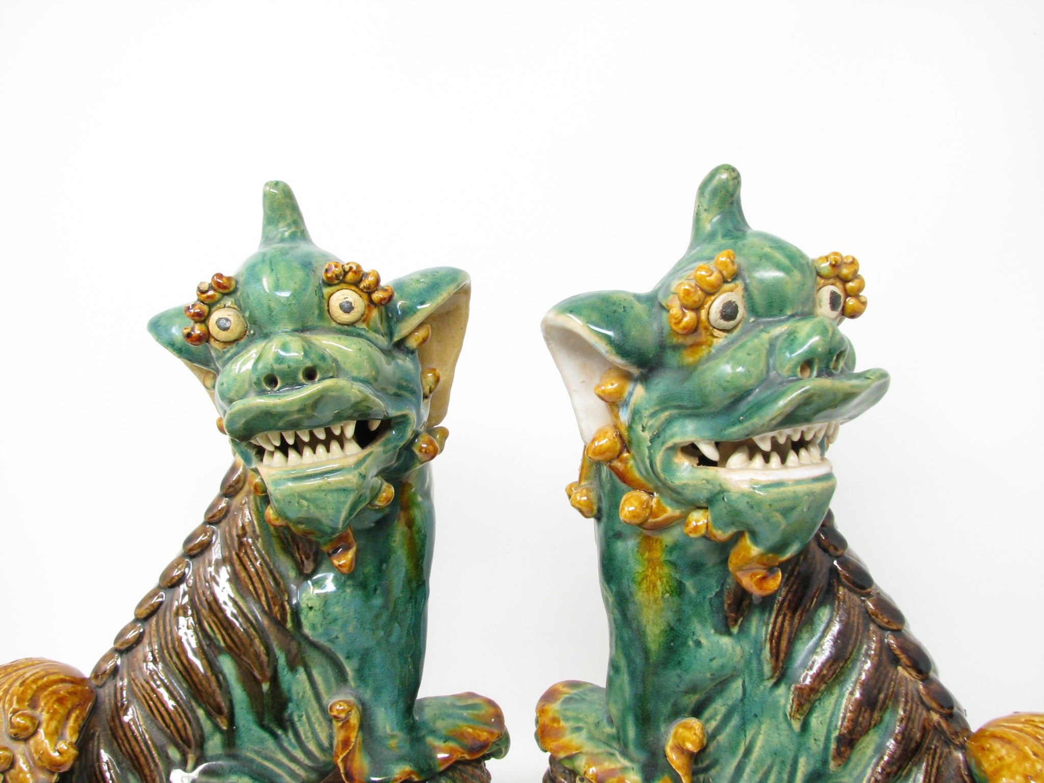 Pair of Vtg Green Chinese Temple Guardian Lion Foo Dog Ceramic Sculptures AS good IS