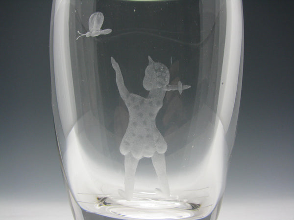 Vintage Ekenas Sweden Crystal Vase with Etched Child and Butterfly - Signed