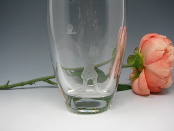 Vintage Ekenas Sweden Crystal Vase with Etched Child and Butterfly - Signed