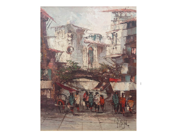 Vintage Framed Oil on Canvas Spanish Street Scene Signed by Artist Pablo