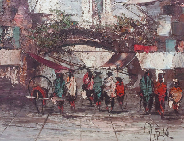 Vintage Framed Oil on Canvas Spanish Street Scene Signed by Artist Pablo