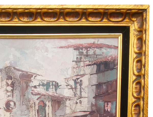 Vintage Framed Oil on Canvas Spanish Street Scene Signed by Artist Pablo