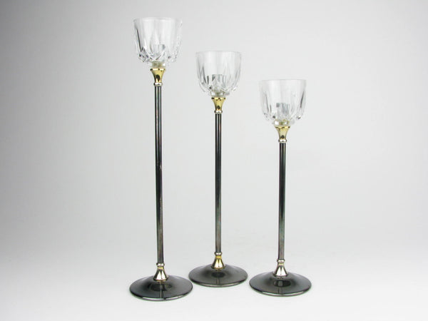 Vintage Italian Crystal and Silver Plate and Brass Candleholder Trio - 3 Pieces