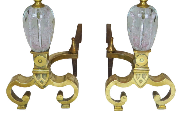 edgebrookhouse Vintage Polished Brass Andirons With St Clair Glass Globes Infused With Stylized Pink Flowers - a Pair