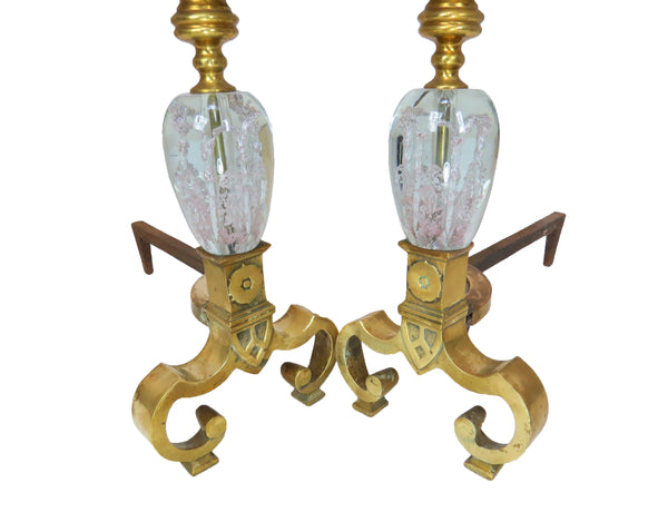 edgebrookhouse Vintage Polished Brass Andirons With St Clair Glass Globes Infused With Stylized Pink Flowers - a Pair